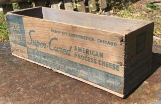 Primitive Vintage Blue Label Advertising Wooden 5 Lb American Cheese Box Rustic