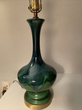 Mid - Century Modern Mcm Vintage Blue Green Tall Drip Glaze Table Lamp