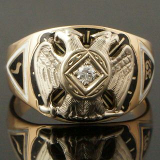 Two Tone Solid 10k Gold,  Diamond & Enamel,  Masonic Double Eagle 32nd Degree Ring