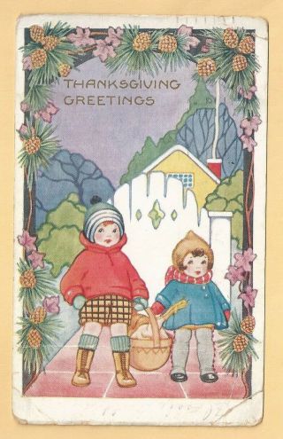 Vintage Whitney Made Thanksgiving Postcard,  Cute Little Kids