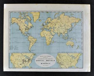 1872 Guyot World Map Metals & Minerals Geology Gold Diamond Coal Iron Copper Etc