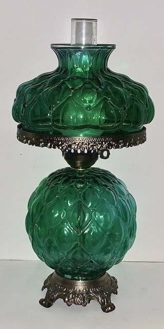 Stunning Large 24” Vintage Emerald Green 3 - Way Quilted Glass Gwtw Hurricane Lamp