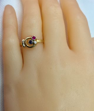 Vintage 14k Yellow Gold Sapphire Ruby & Diamond Ring Modern - Size 7.  5