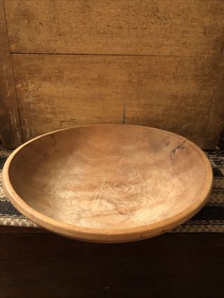 Antique Old Primitive 19thc Wooden Dough Bowl W/ Great Natural Patina W/ Rim 12”