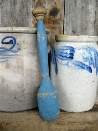 Early Antique Primitive Wood Masher Flow Blue Milk Paint