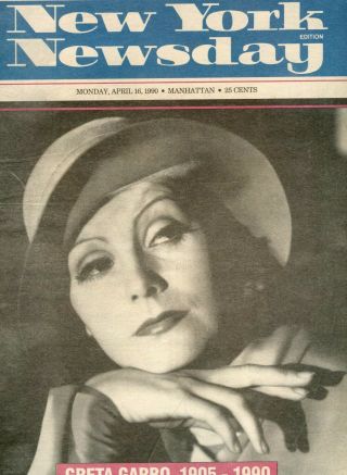 Greta Garbo On The Front Page York Newsday Newspaper April 16,  1990 - Complete.