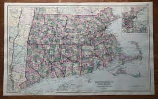 1875 Color Map Massachusetts,  Rhode Island,  Connecticut,  Railroads,  Narrow Gauge