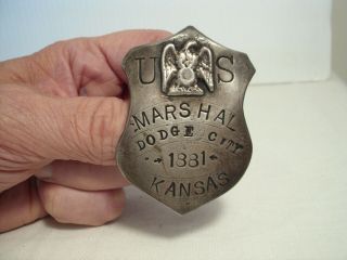 Vintage U.  S.  Marshal Badge Dodge City Kansas 1881 Heavy Coin Silver Obsolete