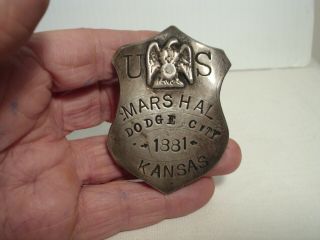 Vintage U.  S.  Marshal Badge Dodge City Kansas 1881 Heavy Coin Silver Obsolete 3