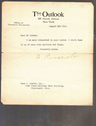 Theodore Roosevelt Hand Signed Letter 1912/ 26th President Of U.  S.