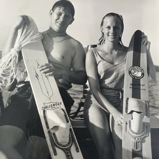 Vintage Black And White Photo Young Couple Water Skis Boat Outdoors 9 X 7 Inch
