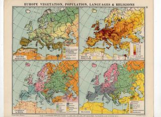 C1930 Antique Map Of Europe Vegetation Population George Philip & Sons