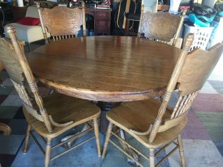 Vintage Solid Oak Pedestal Dining Table With 4 Chairs Local