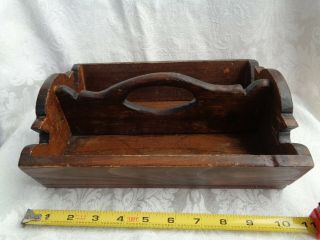 Antique Vintage Primitive Wooden Divided Cutlery Tray Caddy With Handle