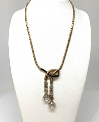 Vintage Trifari Necklace W Black Enamel Rhinestones & Pear Cut Drops Signed