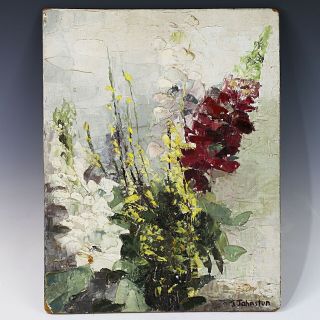 Vintage 1974 Signed J.  Johnston Oil On Artist Board Painting Flowers Foxglove