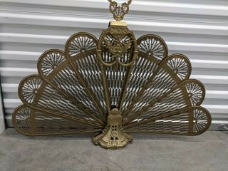 Vintage Antique Ornate Brass Peacock Fireplace Fan Folding Screen