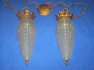 Vintage Mid Century Glass Hanging Light Fixture Double Pineapple Swag Lamp
