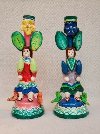 Vintage Mexican Folk Art Girl Candle Holders Pottery Mexico Angel Tree Of Life