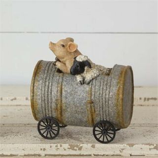 Primitive Rustic Wheeled Pig & Sheep Driving A Can Car Pull Toy Primitive