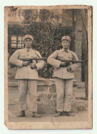 Chinese Pla Soldiers Thompson Submachine Gun Hand Colored Photo 1950s China