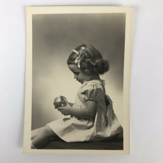 Vintage Black And White Photo Little Girl Holding Ball Profile Curls Bows Dress