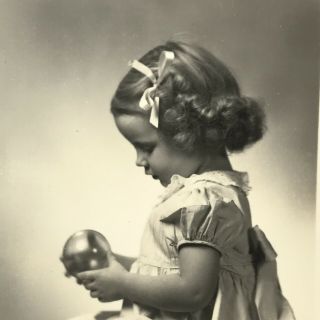 Vintage Black and White Photo Little Girl Holding Ball Profile Curls Bows Dress 2