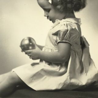 Vintage Black and White Photo Little Girl Holding Ball Profile Curls Bows Dress 3
