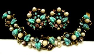 Rare Vintage Florenza Blue Leaves Faux Pearl Rhinestone Bracelet & Earring Set
