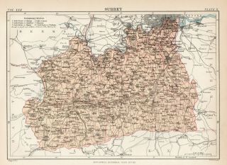 Antique Map Of Surrey Epsom Croydon London Guildford 1880