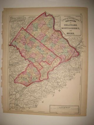 Antique 1872 Delaware Montgomery Bucks County Pennsylvania Handcolr Map Railroad
