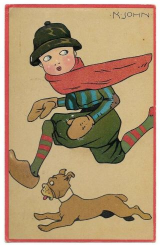 Boy And Dog Run From It,  Scarf,  Cap,  Clogs Vintage Postcard K John Pmk 1908