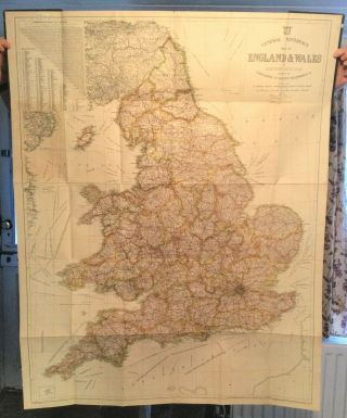 Large Early C20th Geographia Map Of England & Wales Linen Back With Hard Covers