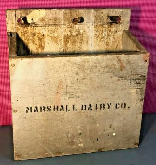 Vintage Wooden Marshall Dairy Co.  Porch Bottle Box Primitive Paint W/hanger Hook