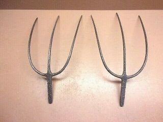 2 Antique 3 - Tine Hay Forks Heads W/tangs Maine Barn Find Primitive Old Metal