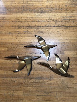 3 Vtg Mcm Teak Wood Flying Duck Goose Brass Metal Wings Wall Hanging Decor 22 "