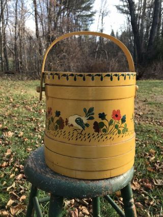 Antique Primitive 19thc Yellow Painted Wooden Firkin Sugar Bucket Swing Handle