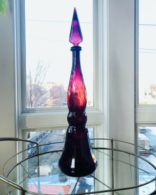 Large 27” Vintage Empoli Purple Amethyst Glass Genie Bottle Decanter Mcm 1960’s