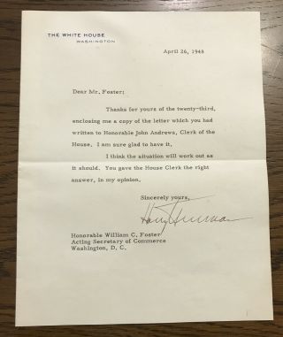Harry S Truman 1948 Typed Letter Signed As President - To Acting Sec Of Commerce