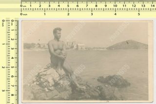 Handsome Muscular Shirtless Man On Beach Beefcake Guy Gay Int Vintage Photo