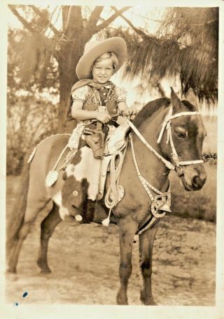Vintage B&w Photograph Snapshot Cute 4 - Year - Old Cowgirl On Pony 3.  5 " X5 "