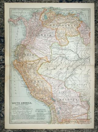 Antique Map Of South America Ecuador Peru Colombia Bolivia Lima Quito 1903