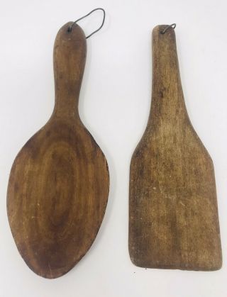 Antique Primitive Kitchen Old Wood Spoon 8.  75” Spatula 8.  25” Small