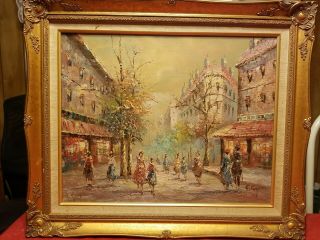Vintage Parisian Street Scene Oil Painting Signed By E.  Cooper 21x25 Inches