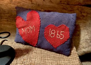 Mom 1865 Pillow Blue Lindsey Woolsey W/ Red Stitched Heart Early Textiles