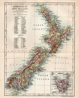 Antique Map Of Zealand North & South C1900 W&ak Johnston