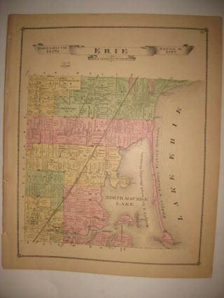 Antique 1876 Erie Township Luna Pier Monroe County Michigan Handcolored Map Rare
