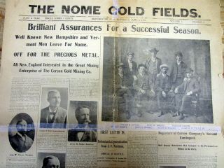 Rare Originl 1903 Manchester Nh Headline Display Newspaper Nome Alaska Gold Rush
