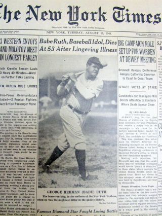 1948 Ny Times Newspaper Babe Ruth Dead York Yankee Baseball Star