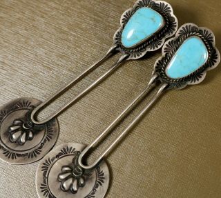 Unique Old Pawn Vintage Navajo 3 1/2 " Long Turquoise Sterling Dangle Earrings